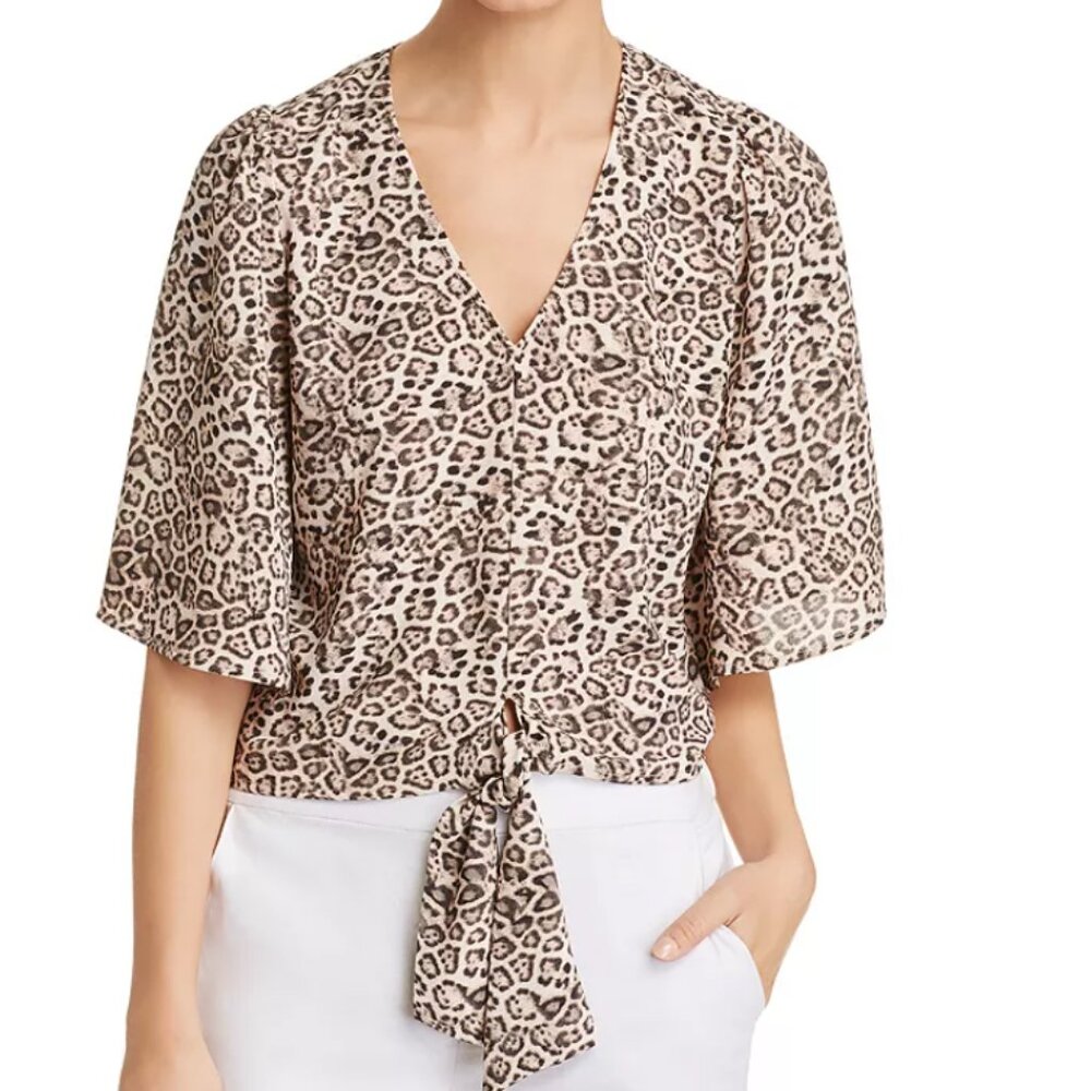 1.STATE Leopard Print Tie Front Short Sleeves Cropped Blouse Women's Small